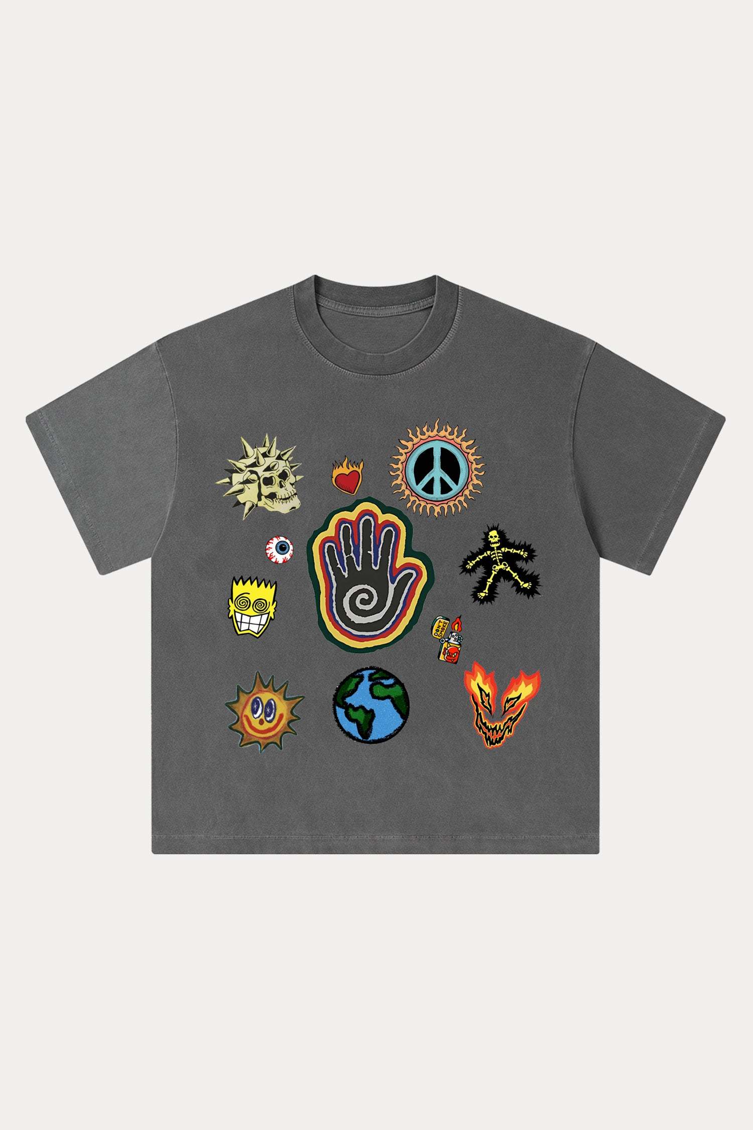 Evilnova Cartoon Elements Washed Streetwear T-Shirt-Evilnova