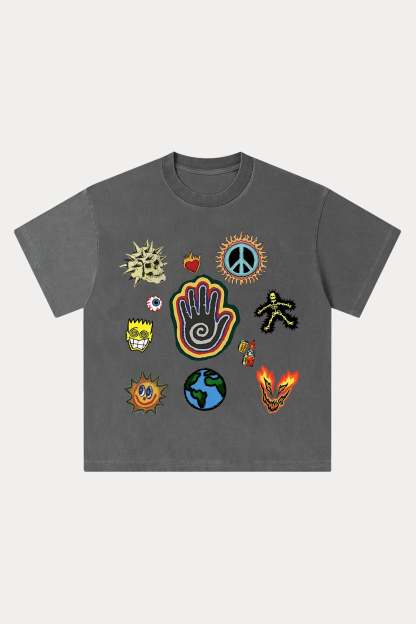 Evilnova Cartoon Elements Washed Streetwear T-Shirt-Evilnova