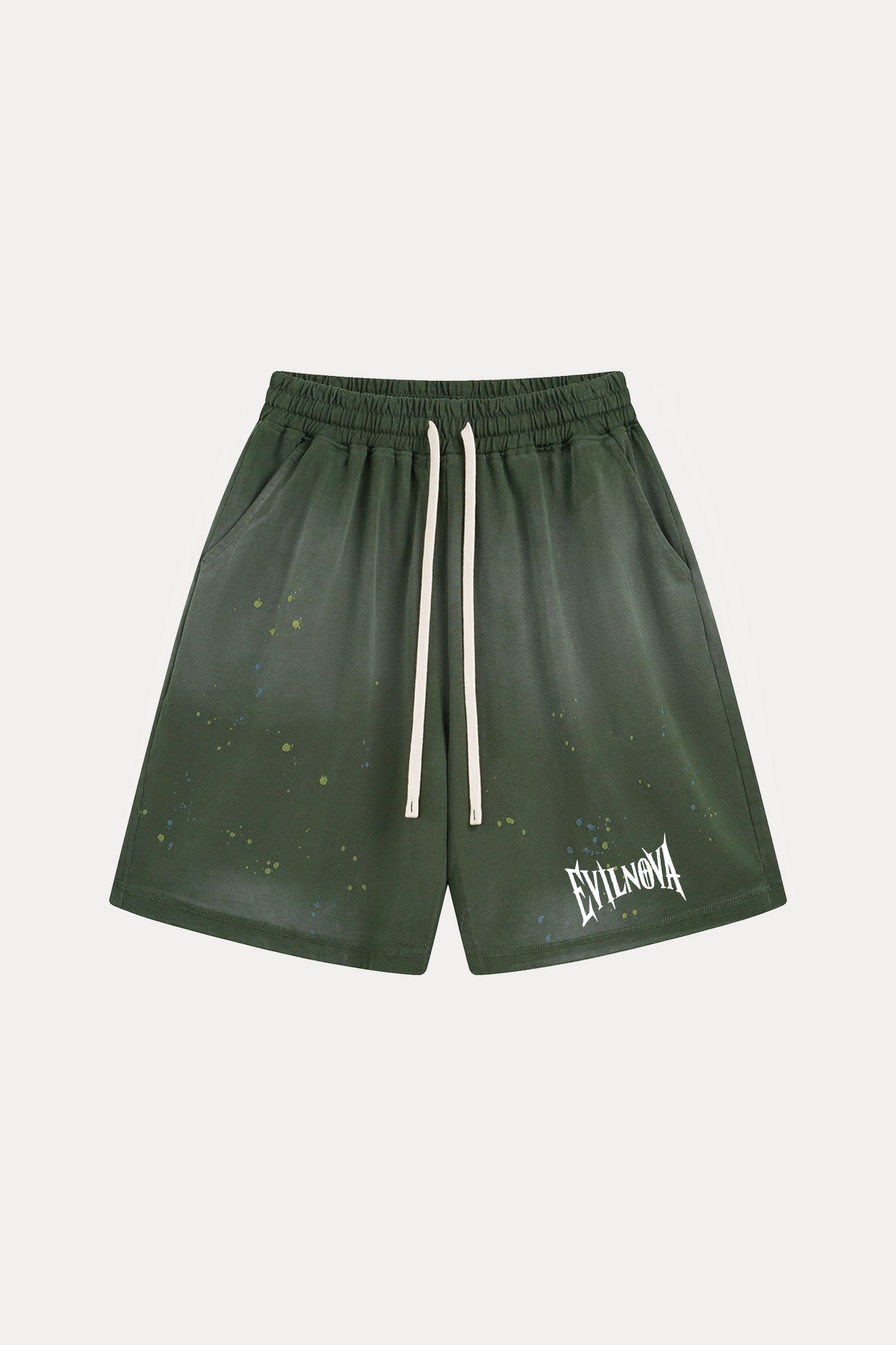 Evilnova Green Basic Logo Distressed Paint Splatter Sweatshorts-Evilnova