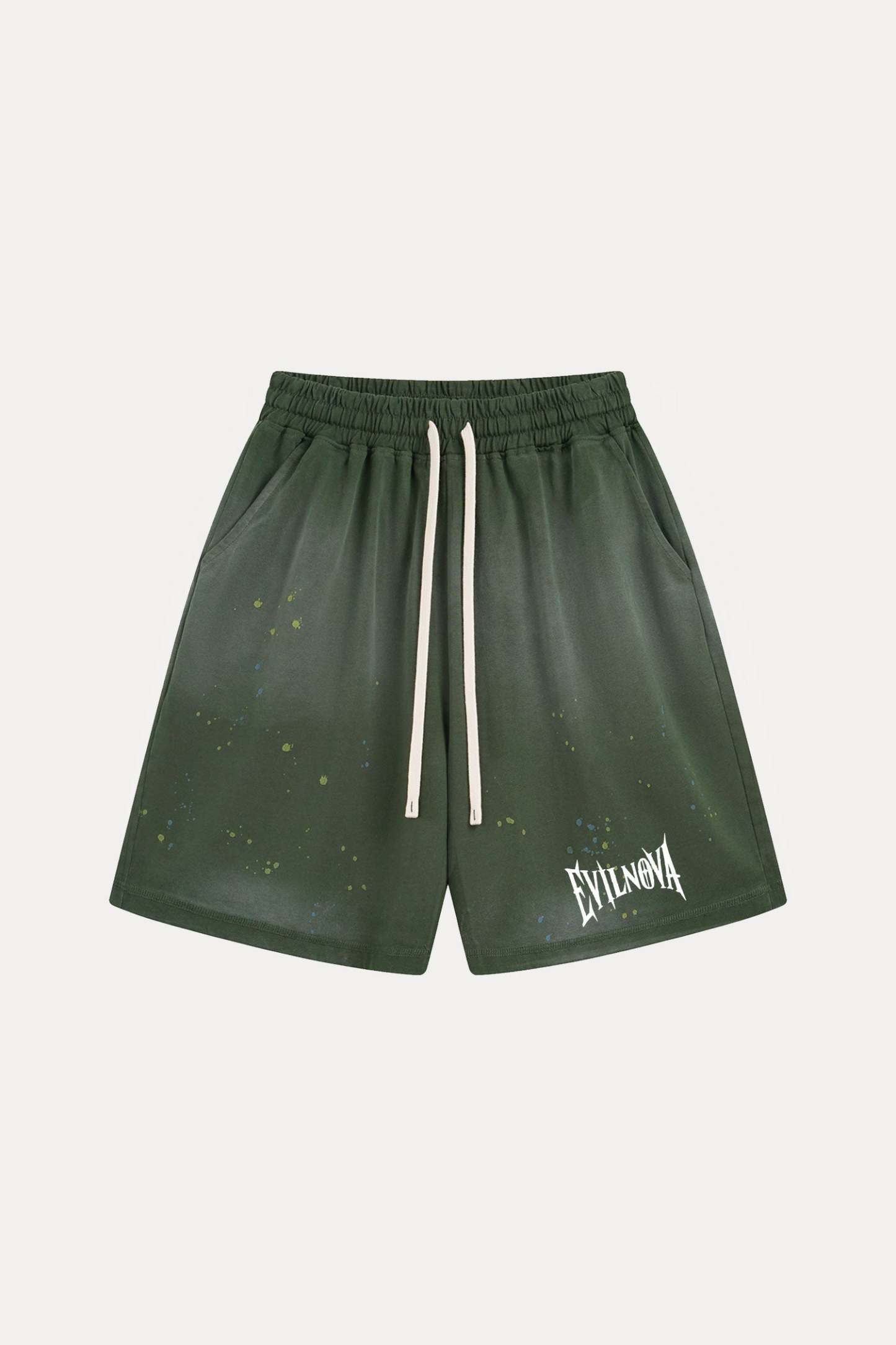 Evilnova Green Basic Logo Distressed Paint Splatter Sweatshorts-Evilnova