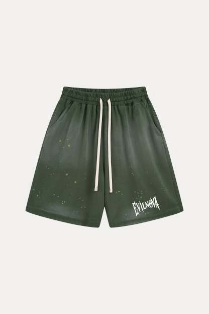 Evilnova Green Basic Logo Distressed Paint Splatter Sweatshorts-Evilnova