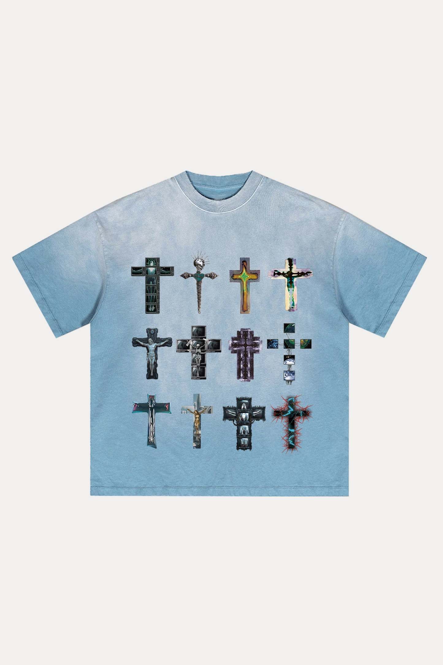 Evilnova Cyber Faith Crosses Distressed Washed T-Shirt-Evilnova