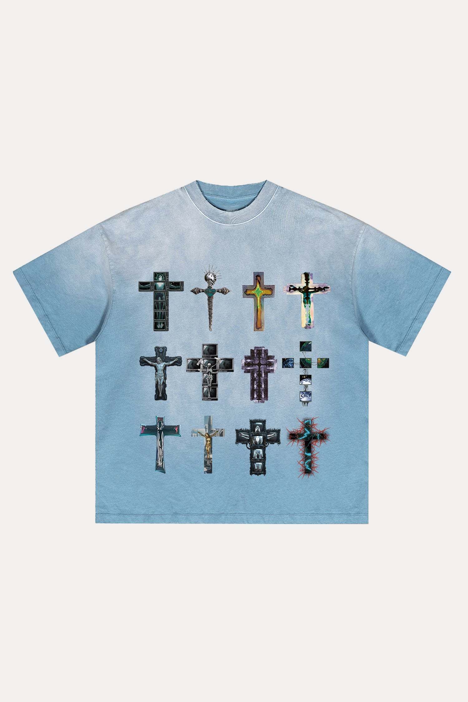 Evilnova Cyber Faith Crosses Distressed Washed T-Shirt-Evilnova