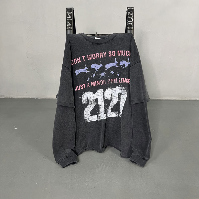 Evilnova Don't Worry So Much Washed Fake Two-Piece Print Long Sleeve Tee