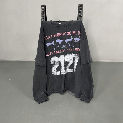 Evilnova Don't Worry So Much Washed Fake Two-Piece Print Long Sleeve Tee