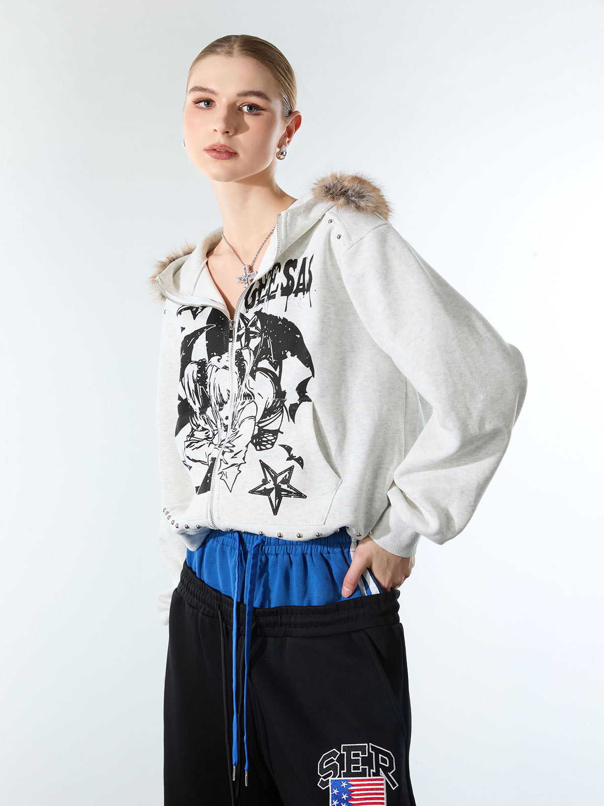 Evilnova Retro Fur Collar Cartoon Pattern Zip Up Hoodie