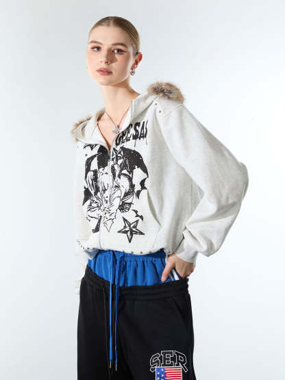 Evilnova Retro Fur Collar Cartoon Pattern Zip Up Hoodie