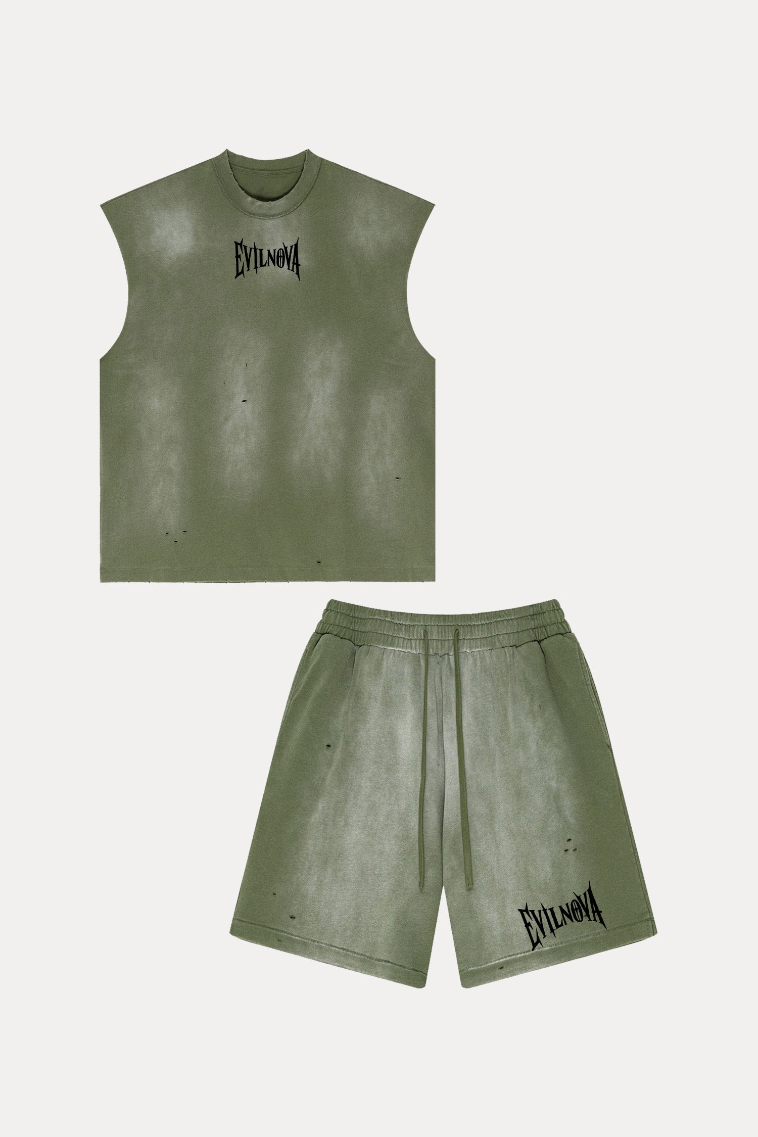 Evilnova Vintage Army Green Washed Distressed Tank Top & Sweatshorts Set-Evilnova