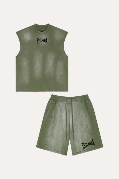 Evilnova Vintage Army Green Washed Distressed Tank Top & Sweatshorts Set-Evilnova