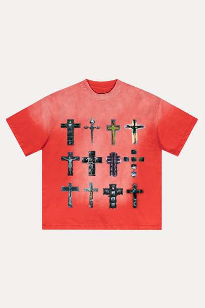 Evilnova Cyber Faith Crosses Distressed Washed T-Shirt-Evilnova