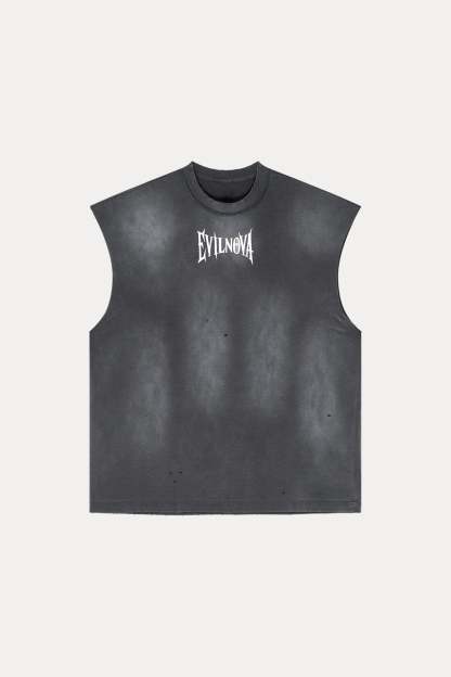 Evilnova Vintage Dark Gray Washed Distressed Tank Top & Sweatshorts Set-Evilnova