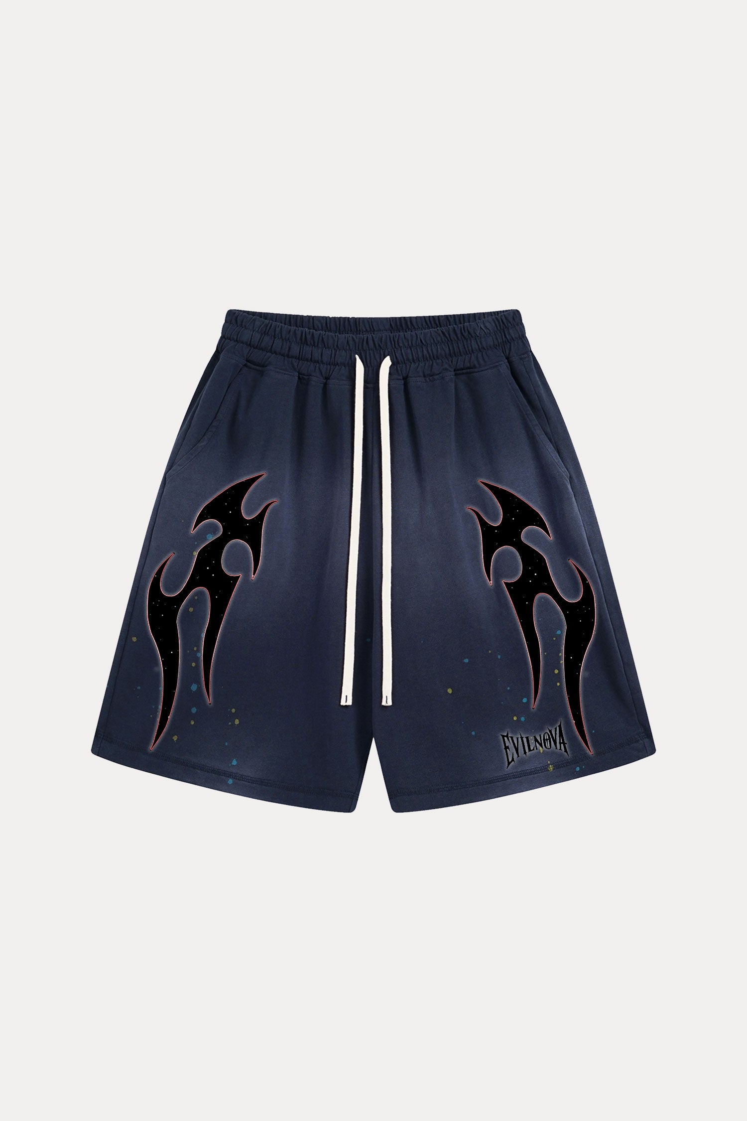 Evilnova Navy Flame Distressed Paint Splatter Sweatshorts-Evilnova