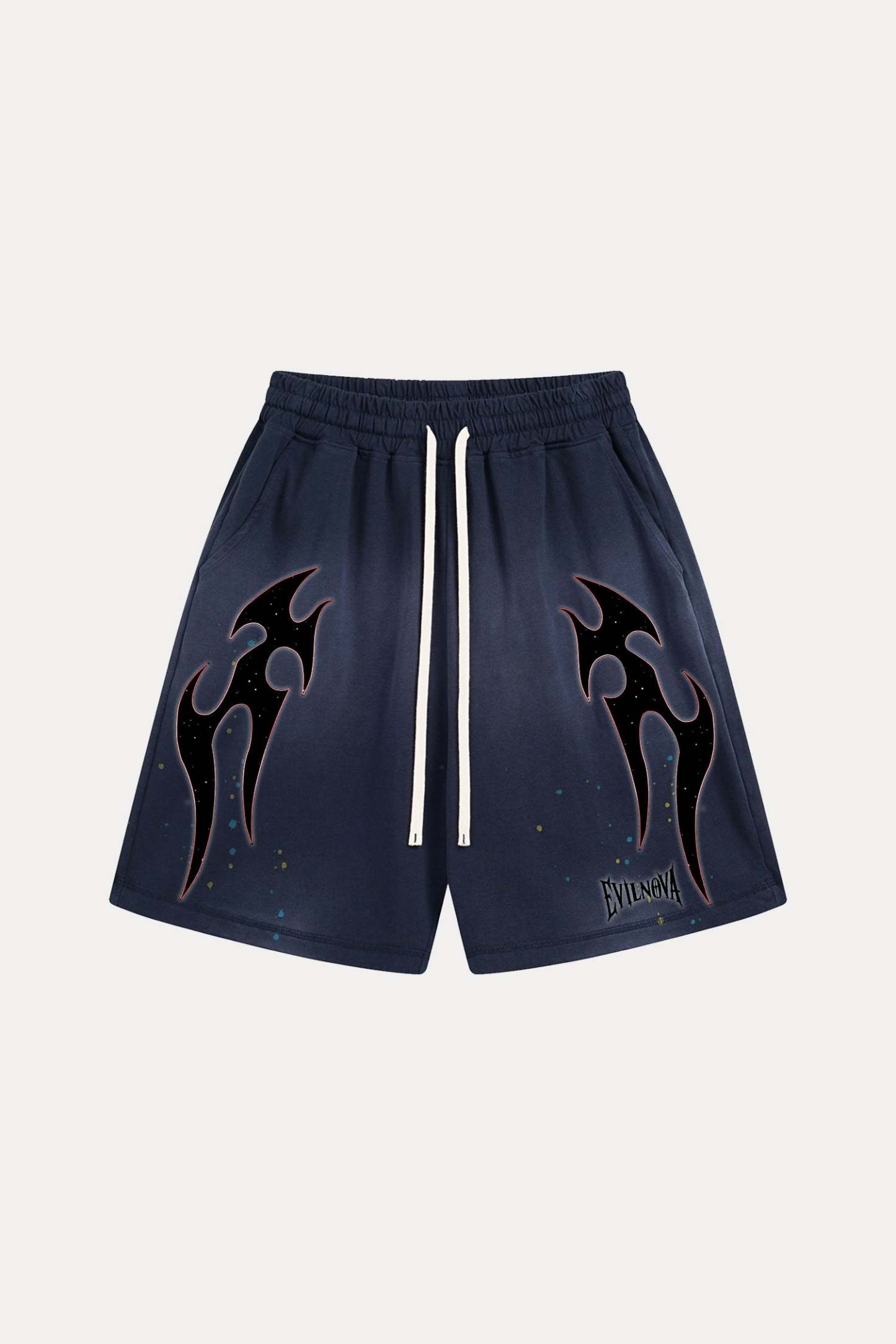 Evilnova Navy Flame Distressed Paint Splatter Sweatshorts-Evilnova