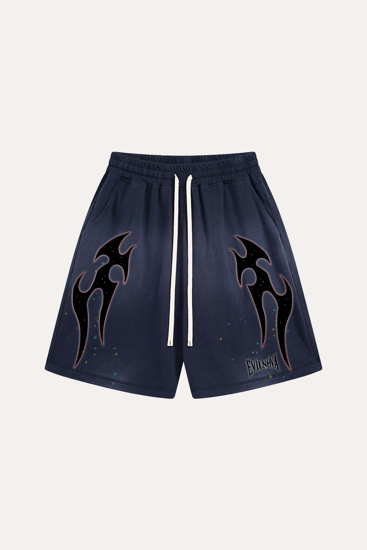 Evilnova Navy Flame Distressed Paint Splatter Sweatshorts-Evilnova