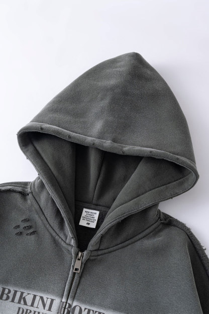 Evilnova BIKINI BOTTOM Distressed Washed Zipper Hoodie