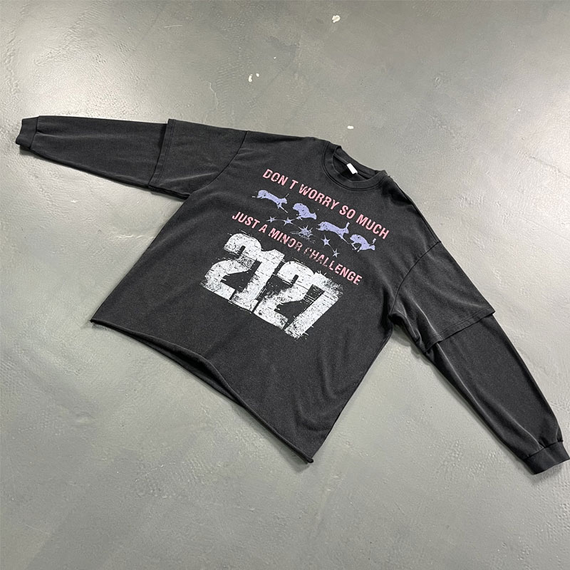 Evilnova Don't Worry So Much Washed Fake Two-Piece Print Long Sleeve Tee