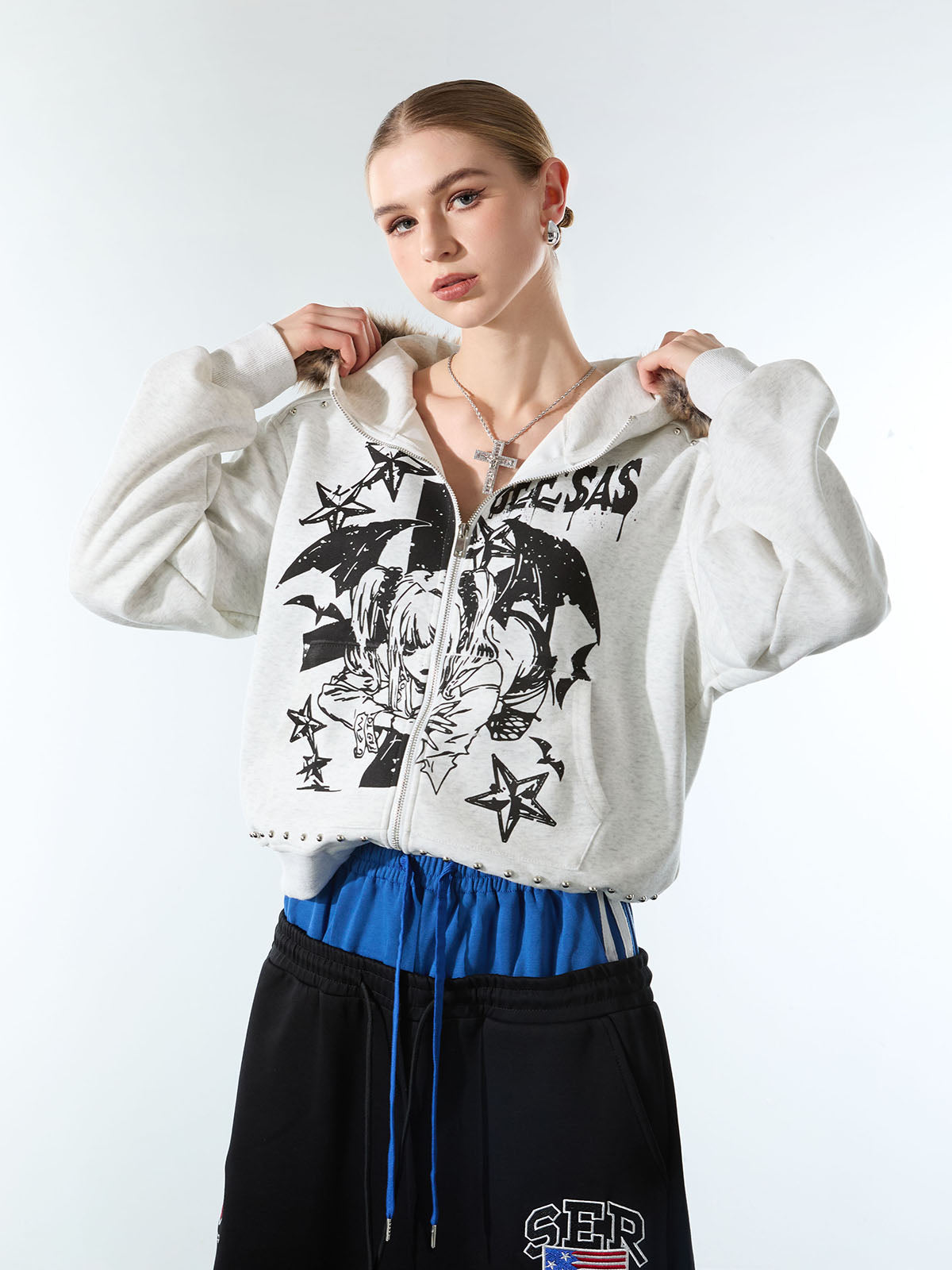 Evilnova Retro Fur Collar Cartoon Pattern Zip Up Hoodie