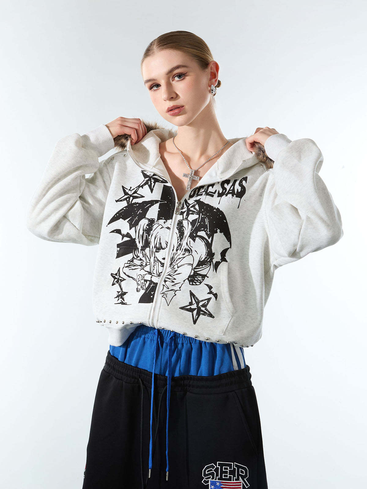 Evilnova Retro Fur Collar Cartoon Pattern Zip Up Hoodie