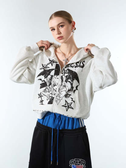 Evilnova Retro Fur Collar Cartoon Pattern Zip Up Hoodie