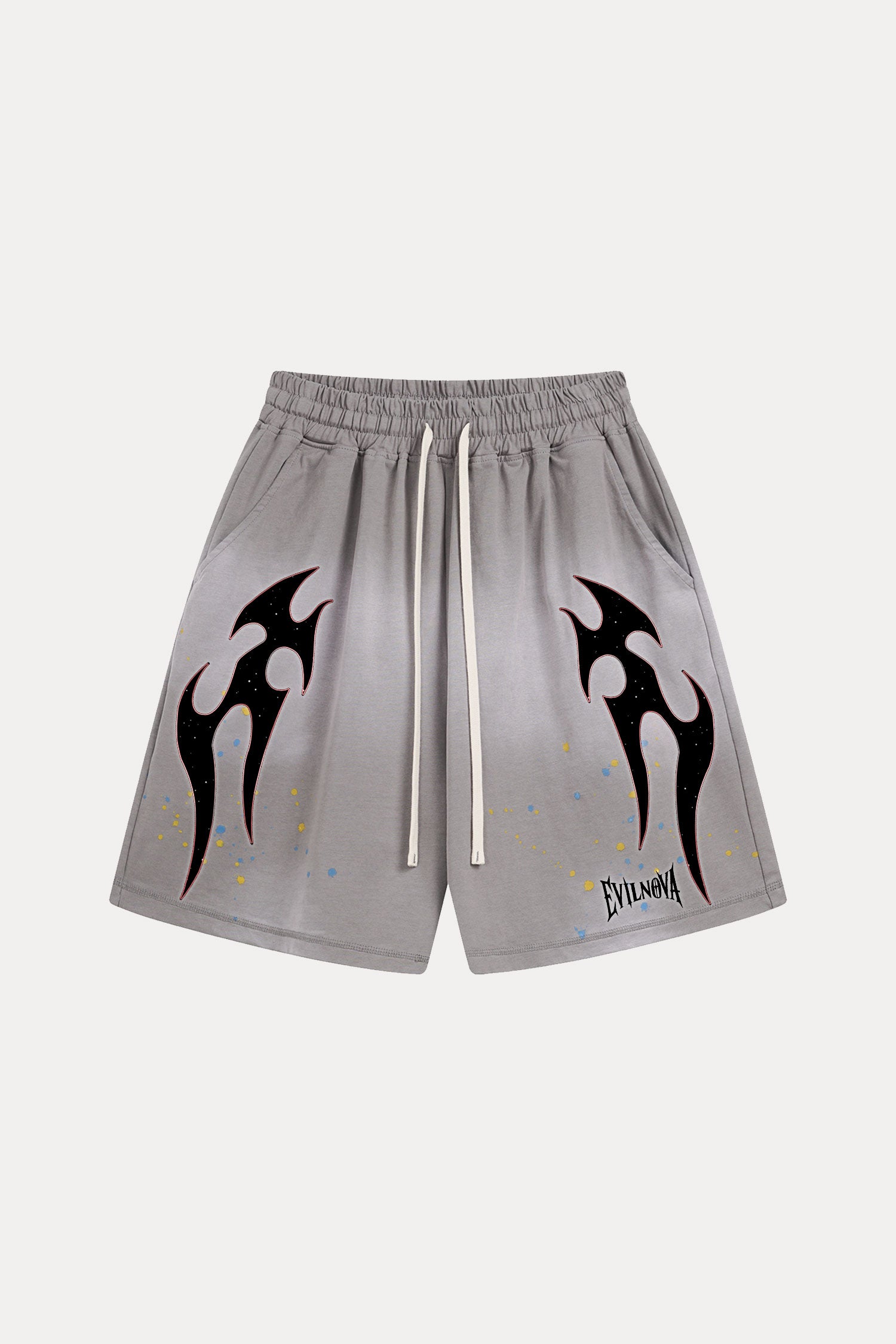 Evilnova Gray Flame Distressed Paint Splatter Sweatshorts-Evilnova