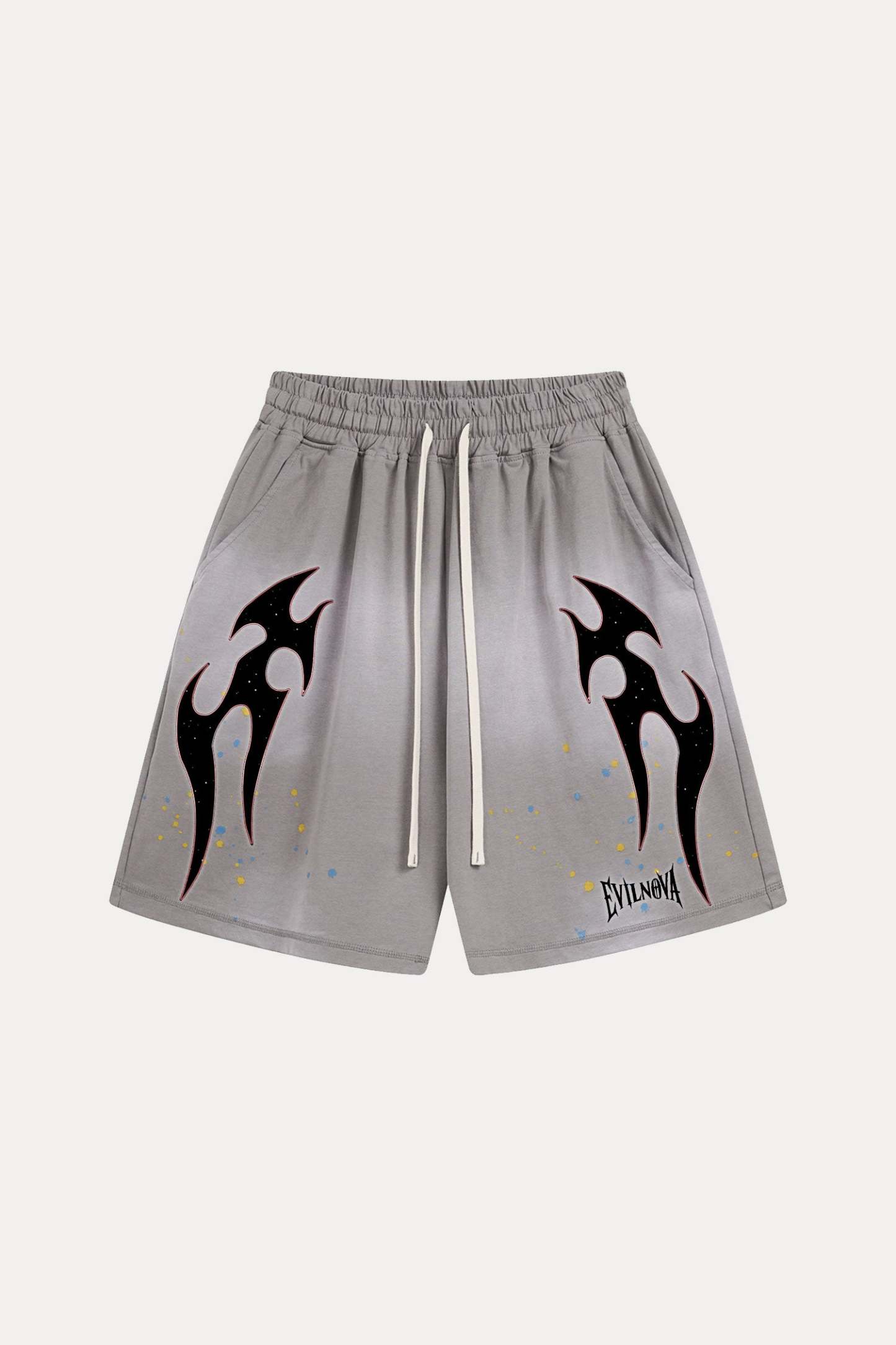 Evilnova Gray Flame Distressed Paint Splatter Sweatshorts-Evilnova