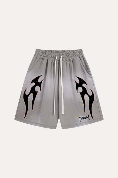 Evilnova Gray Flame Distressed Paint Splatter Sweatshorts-Evilnova