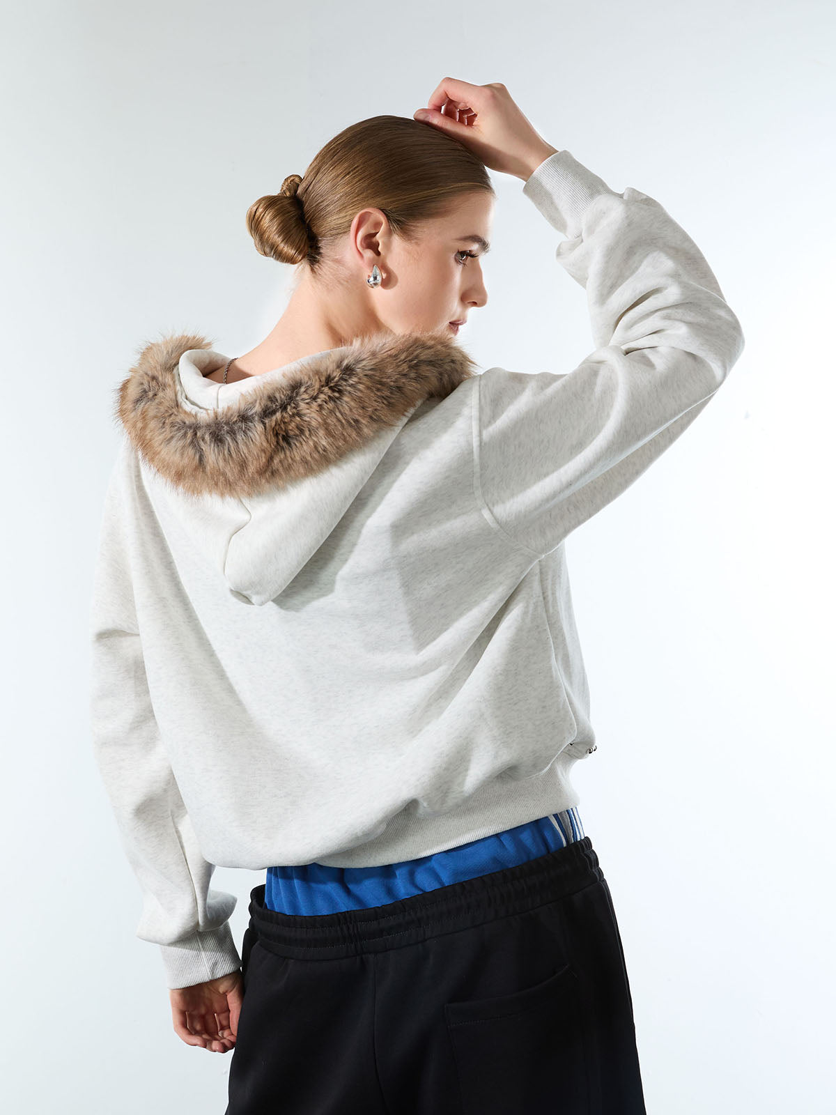 Evilnova Retro Fur Collar Cartoon Pattern Zip Up Hoodie