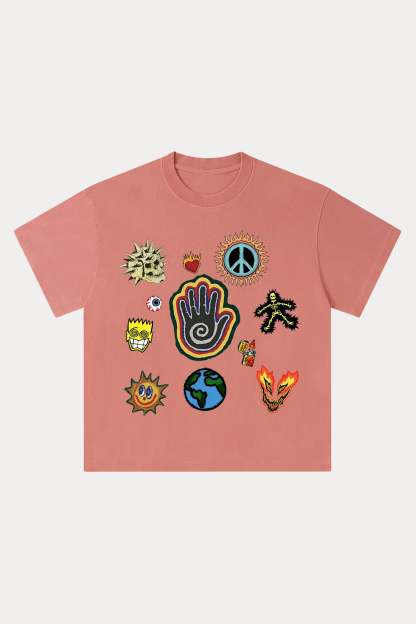 Evilnova Cartoon Elements Washed Streetwear T-Shirt-Evilnova