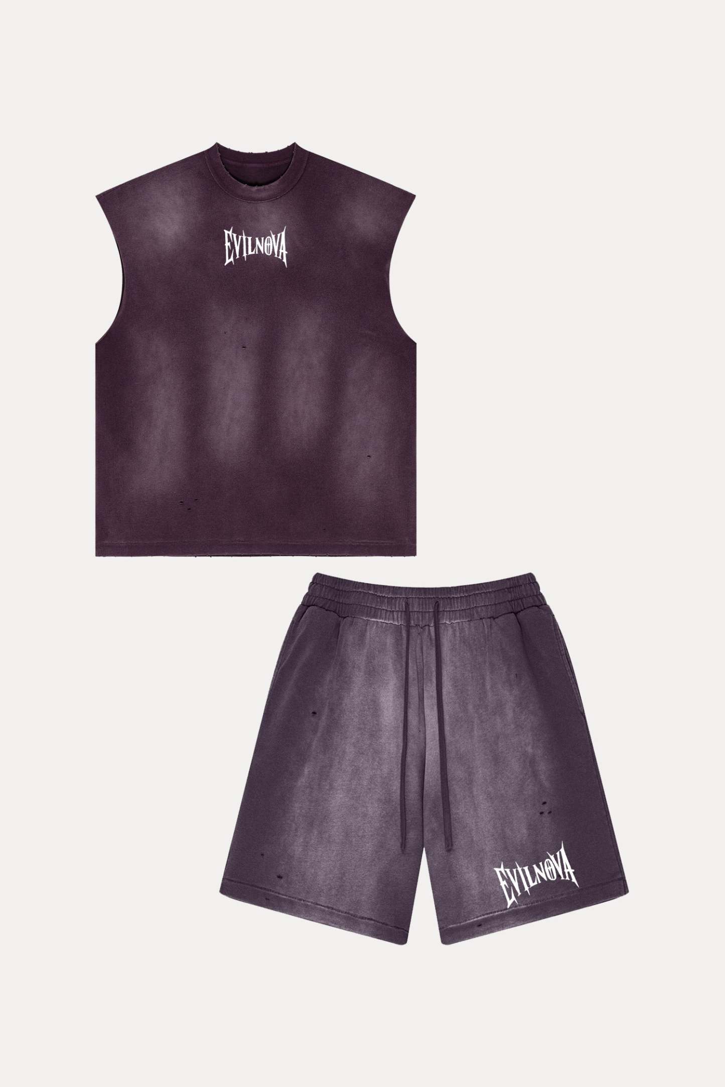 Evilnova Vintage Purple Washed Distressed Tank Top & Sweatshorts Set-Evilnova