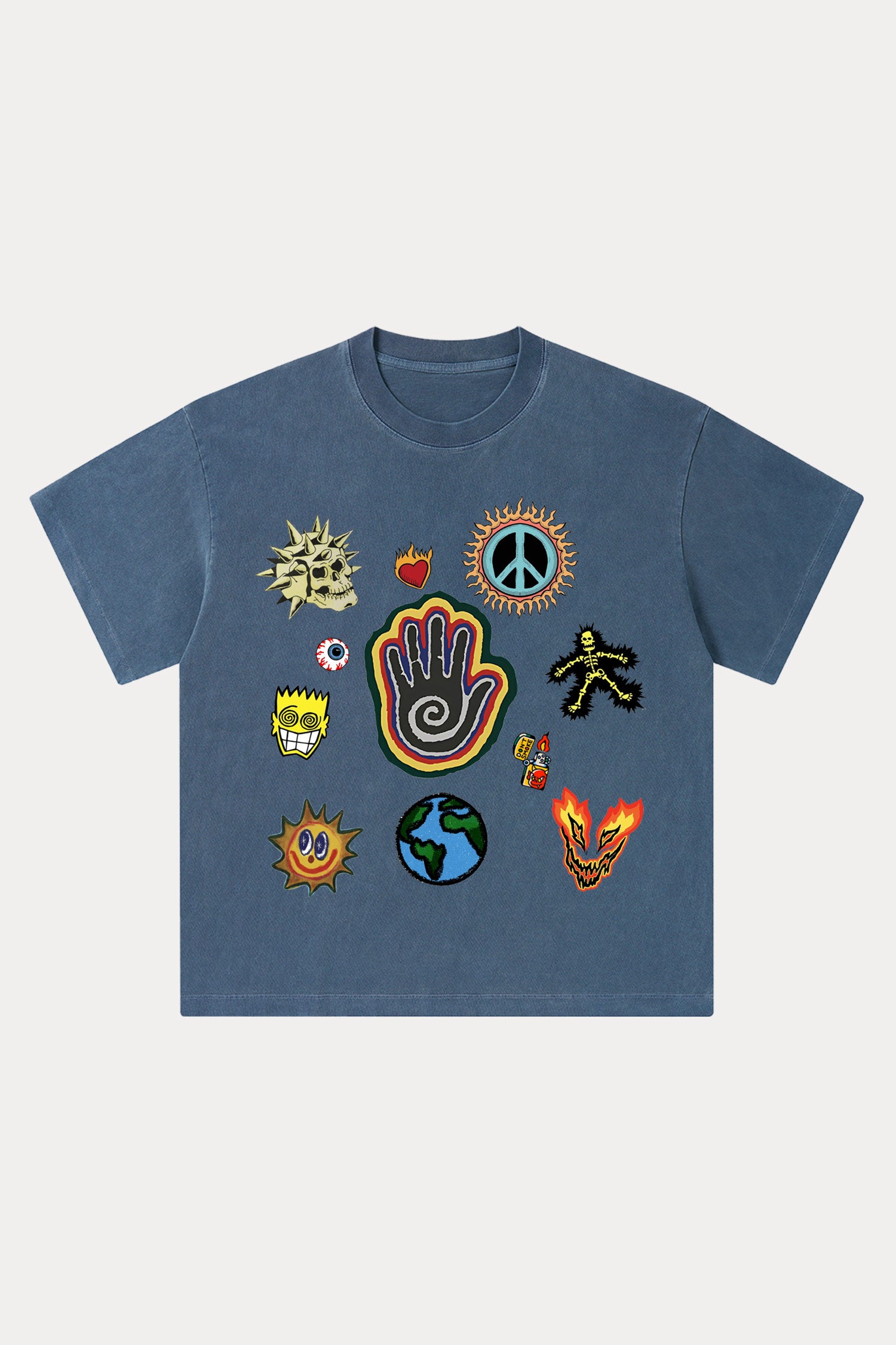 Evilnova Cartoon Elements Washed Streetwear T-Shirt-Evilnova