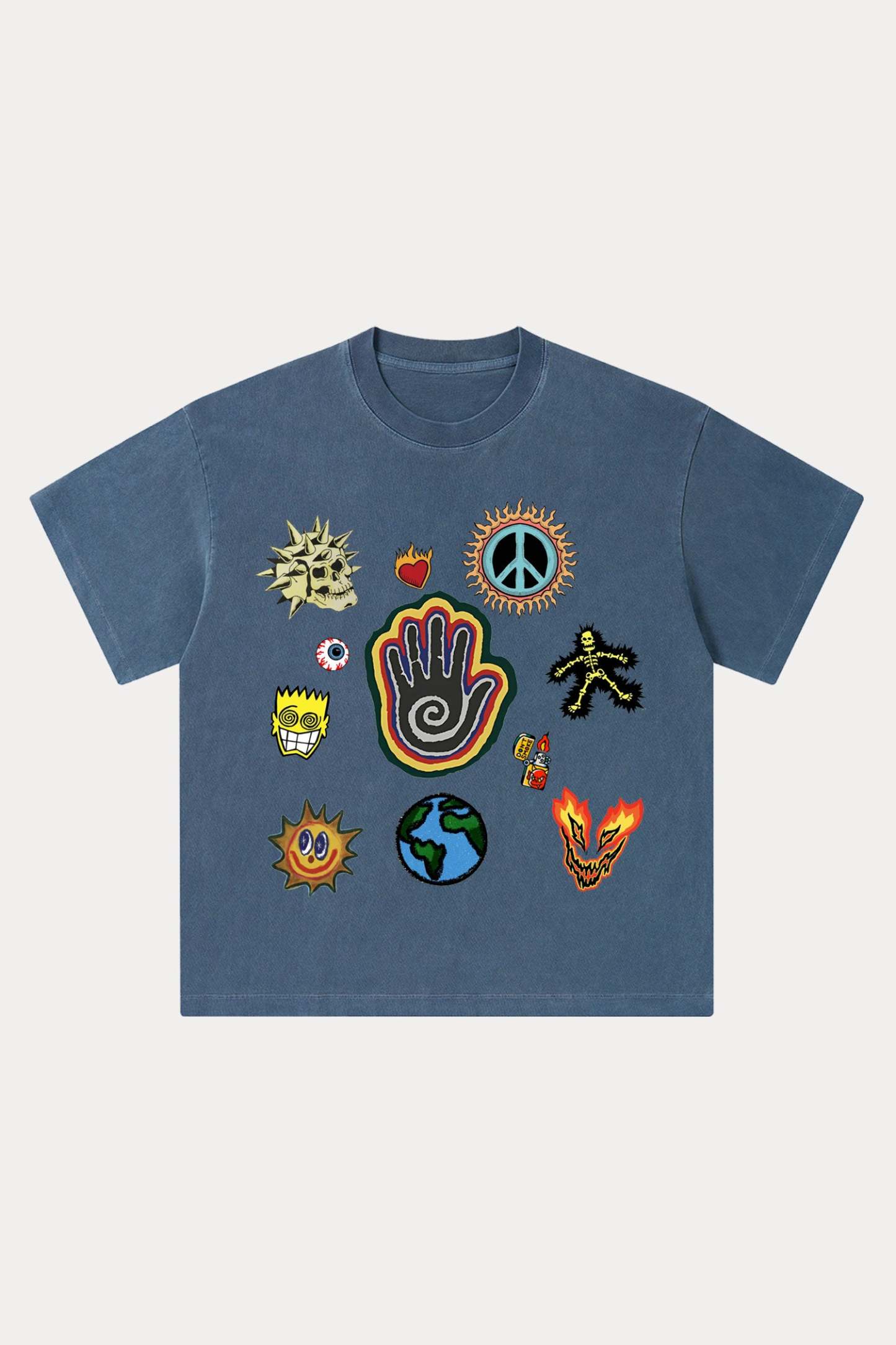 Evilnova Cartoon Elements Washed Streetwear T-Shirt-Evilnova