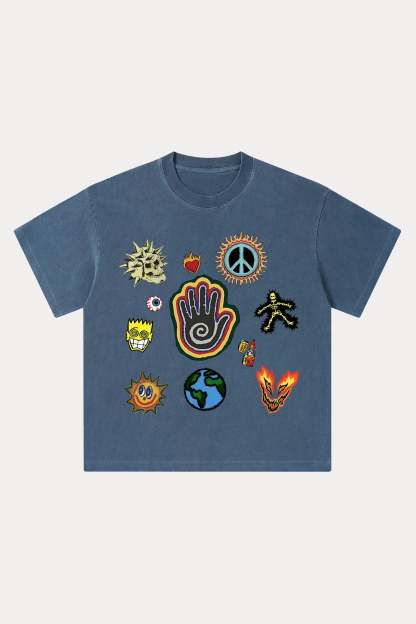 Evilnova Cartoon Elements Washed Streetwear T-Shirt-Evilnova