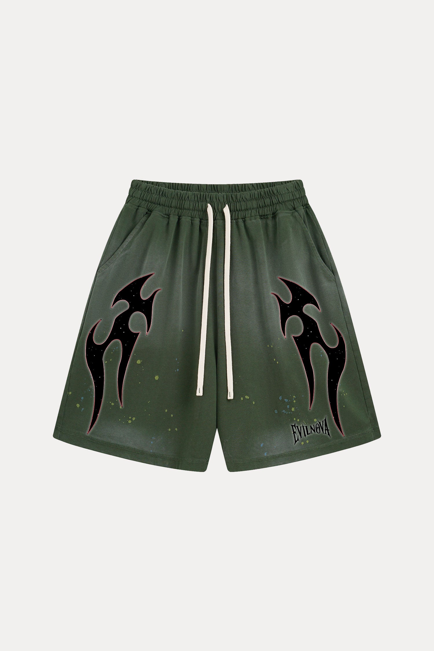 Evilnova Green Flame Distressed Paint Splatter Sweatshorts-Evilnova