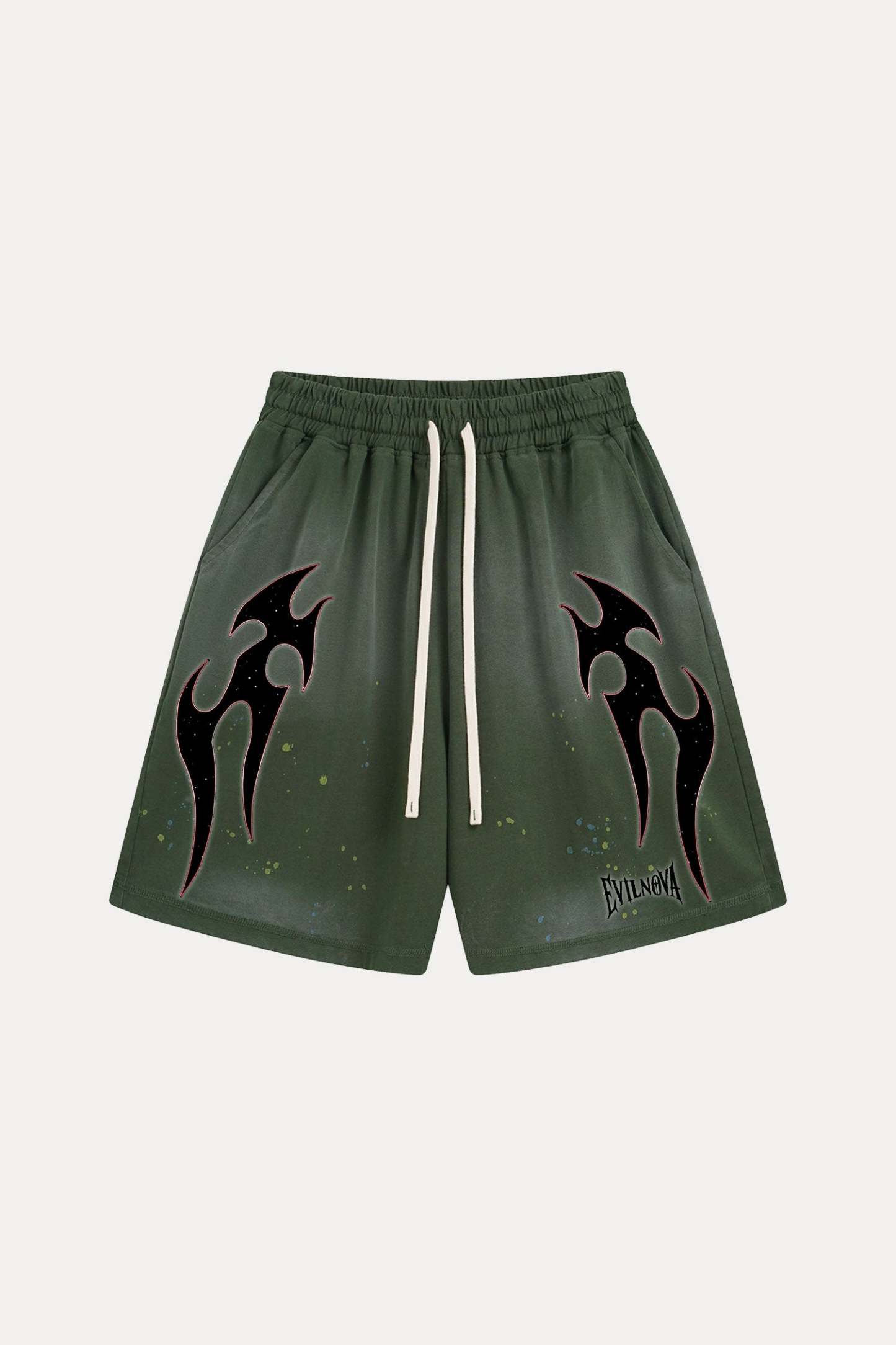 Evilnova Green Flame Distressed Paint Splatter Sweatshorts-Evilnova