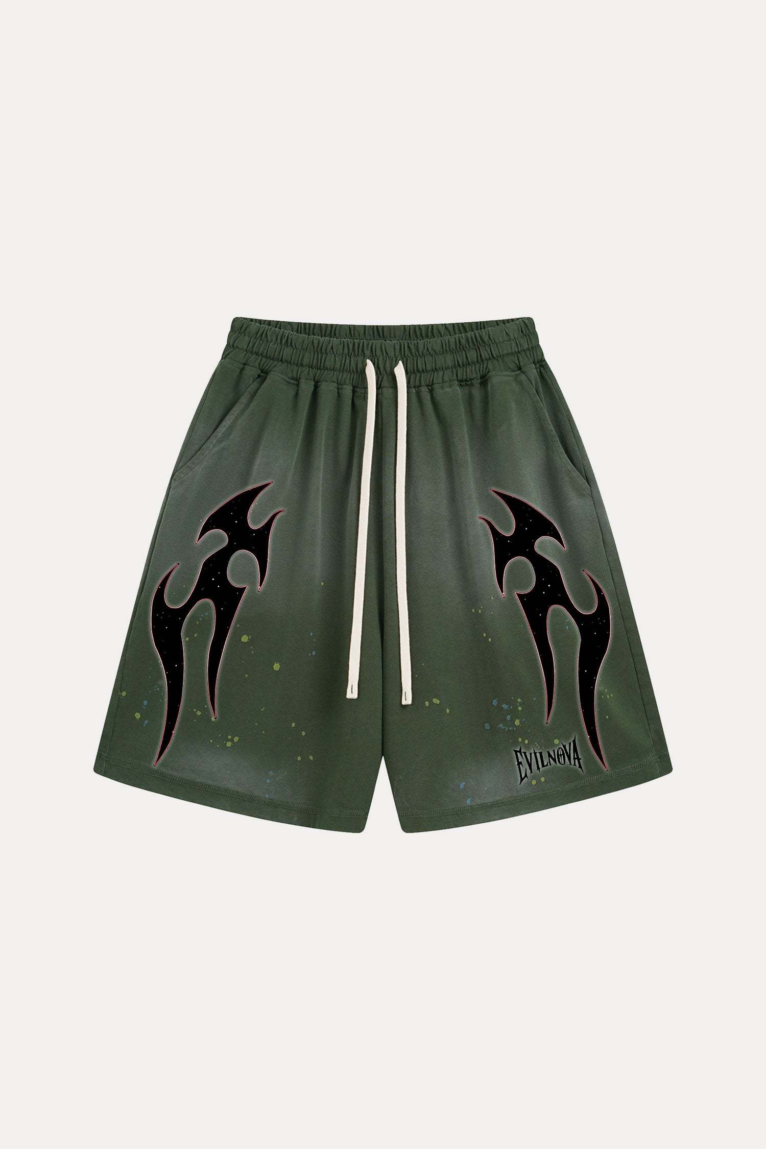 Evilnova Green Flame Distressed Paint Splatter Sweatshorts-Evilnova