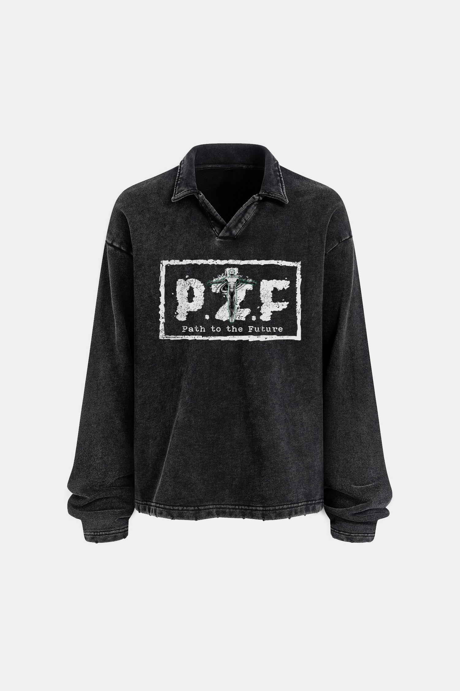 Evilnova P2F Distressed Edge Buttonless Long Sleeve Polo Shirt-Evilnova