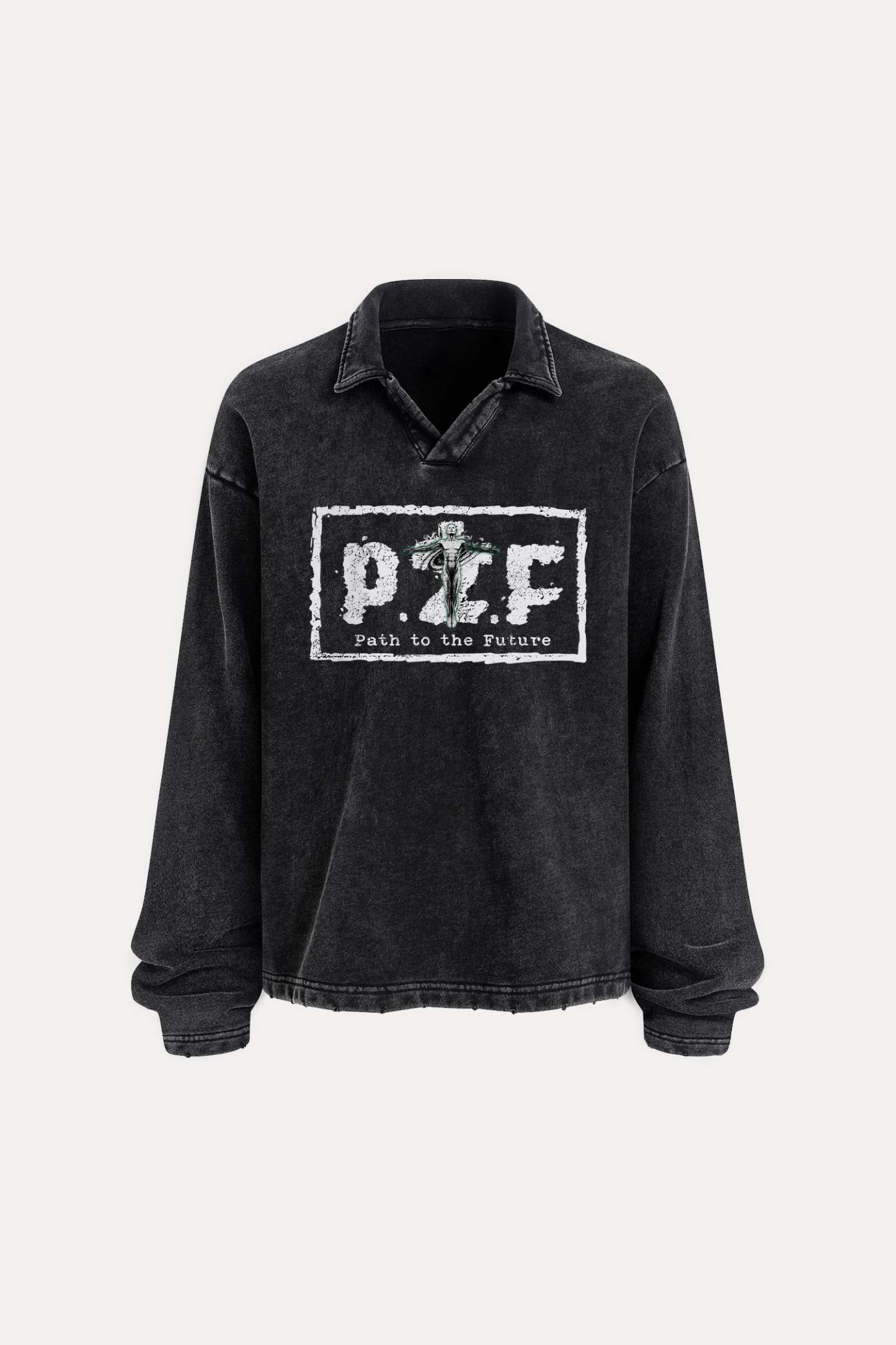 Evilnova P2F Distressed Edge Buttonless Long Sleeve Polo Shirt-Evilnova