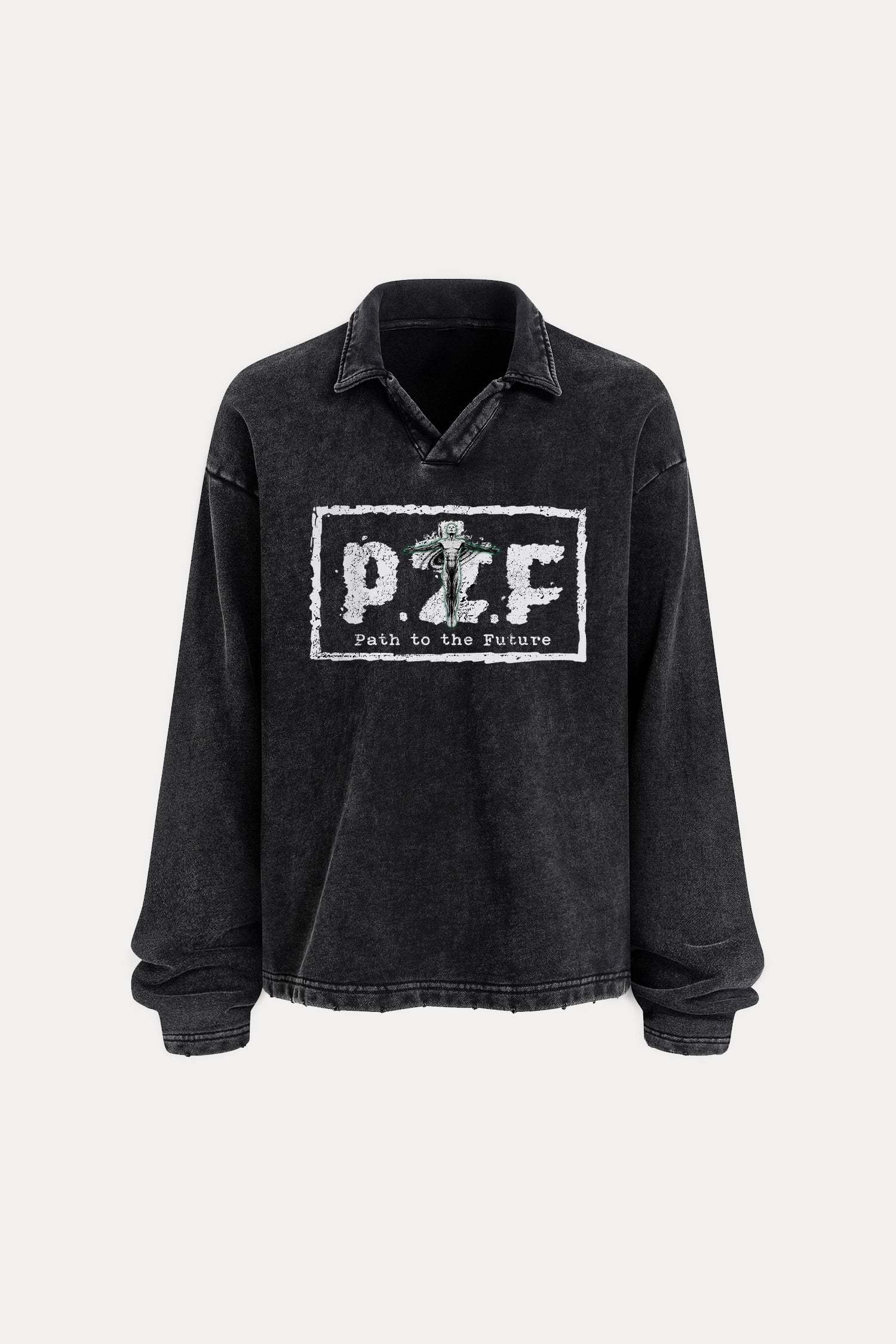 Evilnova P2F Distressed Edge Buttonless Long Sleeve Polo Shirt-Evilnova