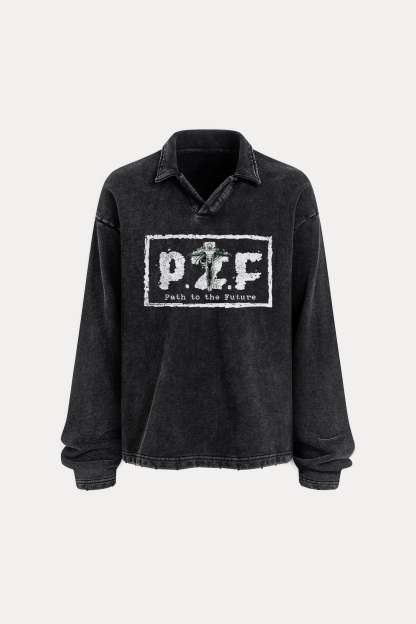 Evilnova P2F Distressed Edge Buttonless Long Sleeve Polo Shirt-Evilnova