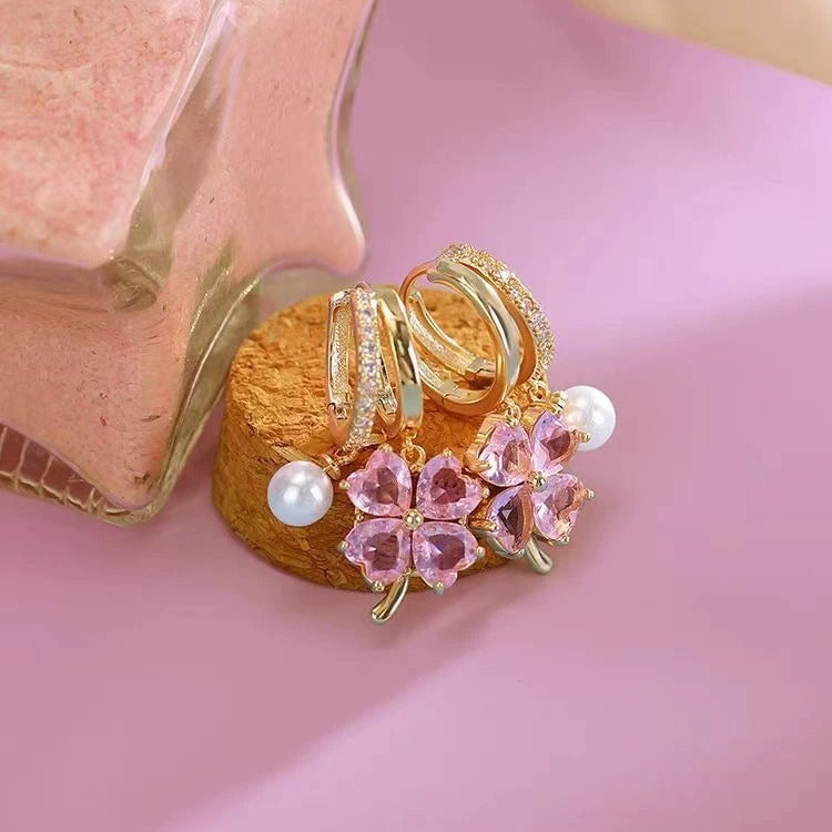 Fashion Earrings with Crystal, Four Leaf Clover and Pearls
