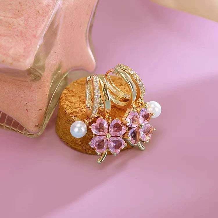Fashion Earrings with Crystal, Four Leaf Clover and Pearls