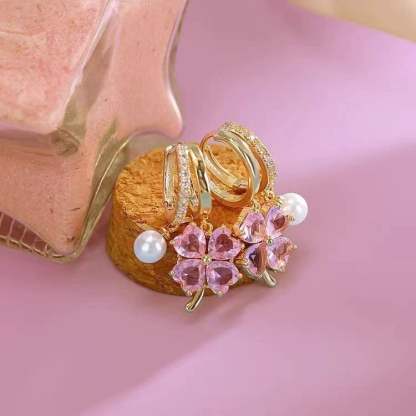 Fashion Earrings with Crystal, Four Leaf Clover and Pearls