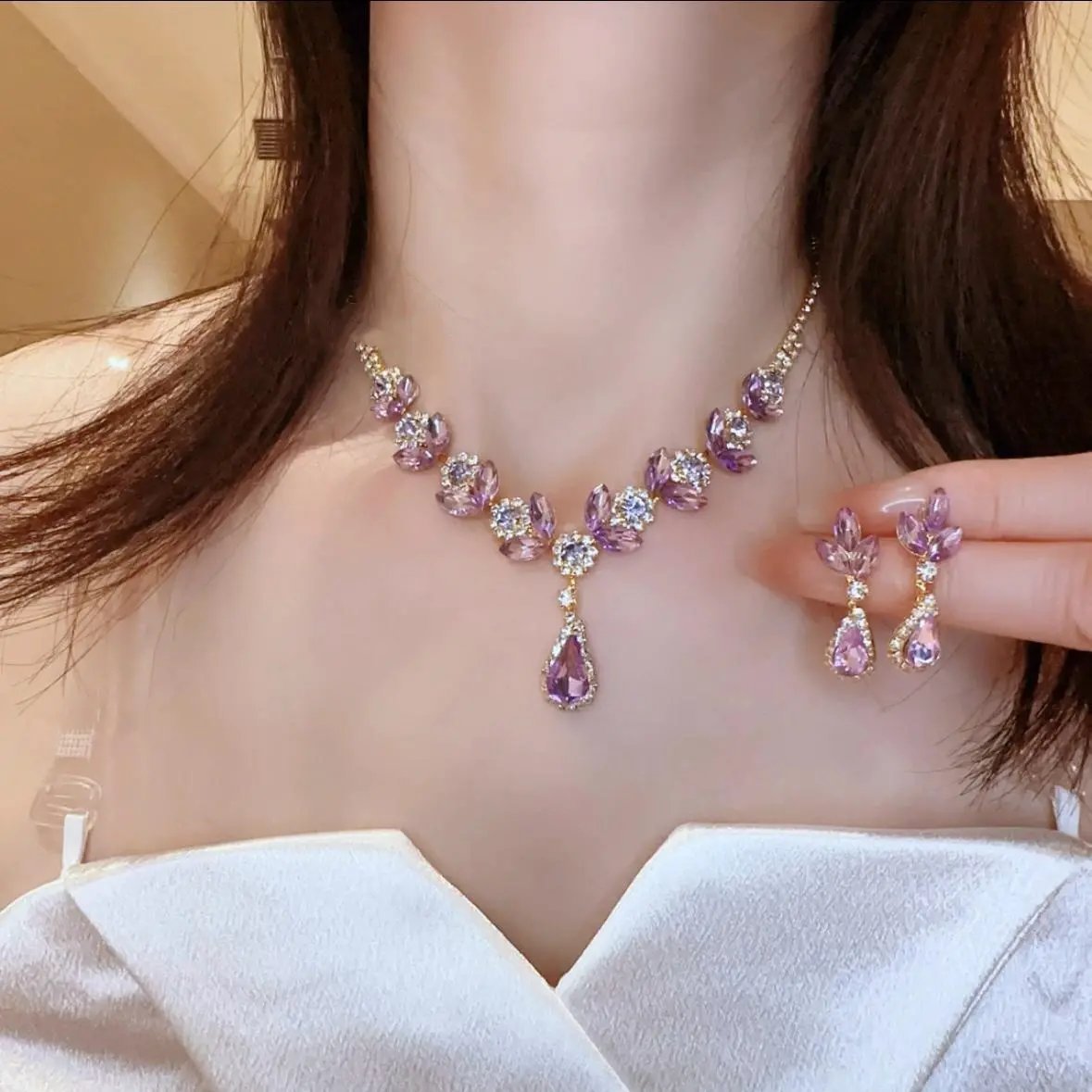 💎New diamond teardrop necklace and earrings set