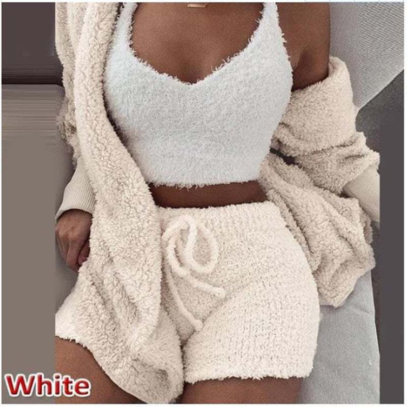 Womens Sexy Fuzzy 3 Piece Outfits Pajamas Loungewear