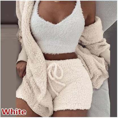 Womens Sexy Fuzzy 3 Piece Outfits Pajamas Loungewear