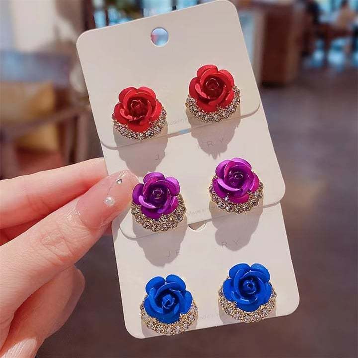🌹Diamond Rose Earrings Floral Blooming 3D Carved