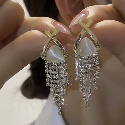 s925 silver needle cat's eye stone full diamond tassel earrings light luxury high-end new popular niche design earrings