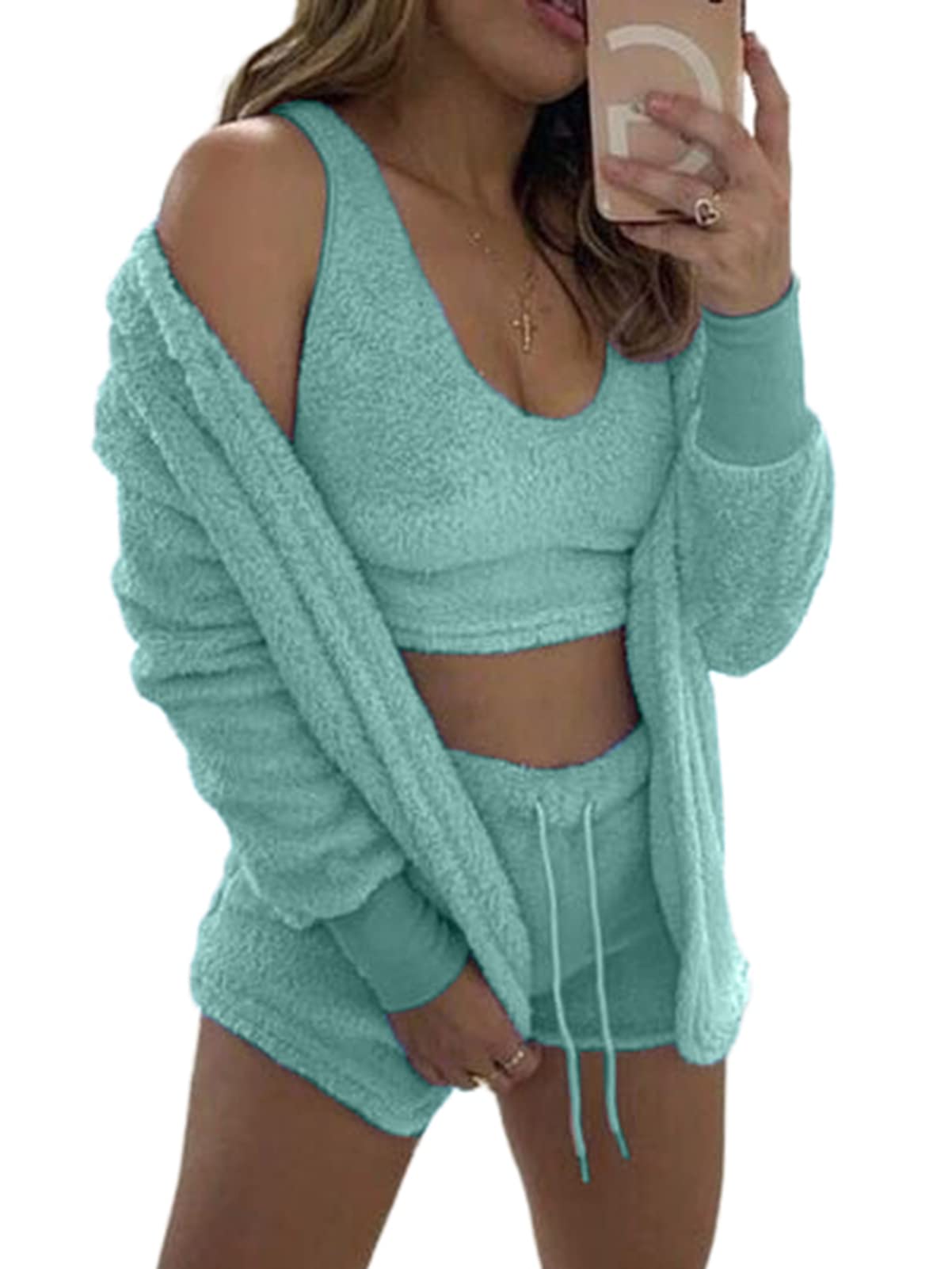 Womens Sexy Fuzzy 3 Piece Outfits Pajamas Loungewear