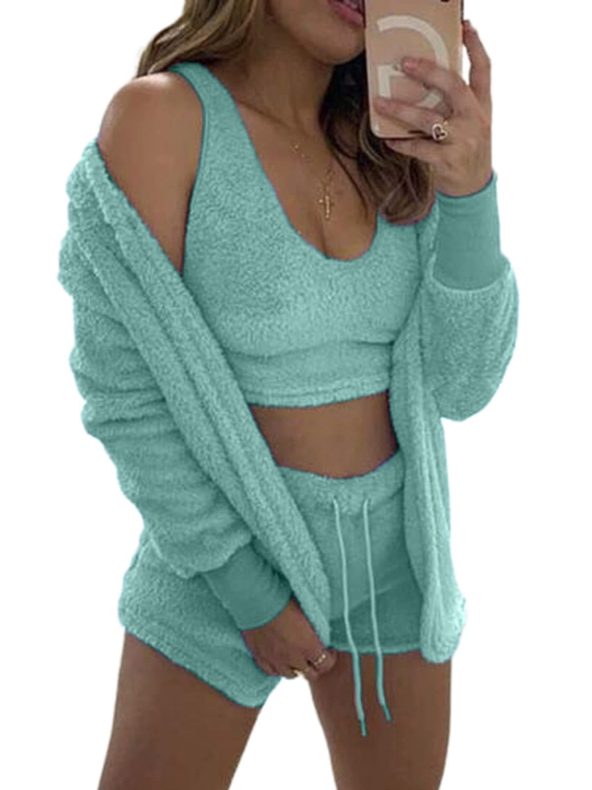 Womens Sexy Fuzzy 3 Piece Outfits Pajamas Loungewear