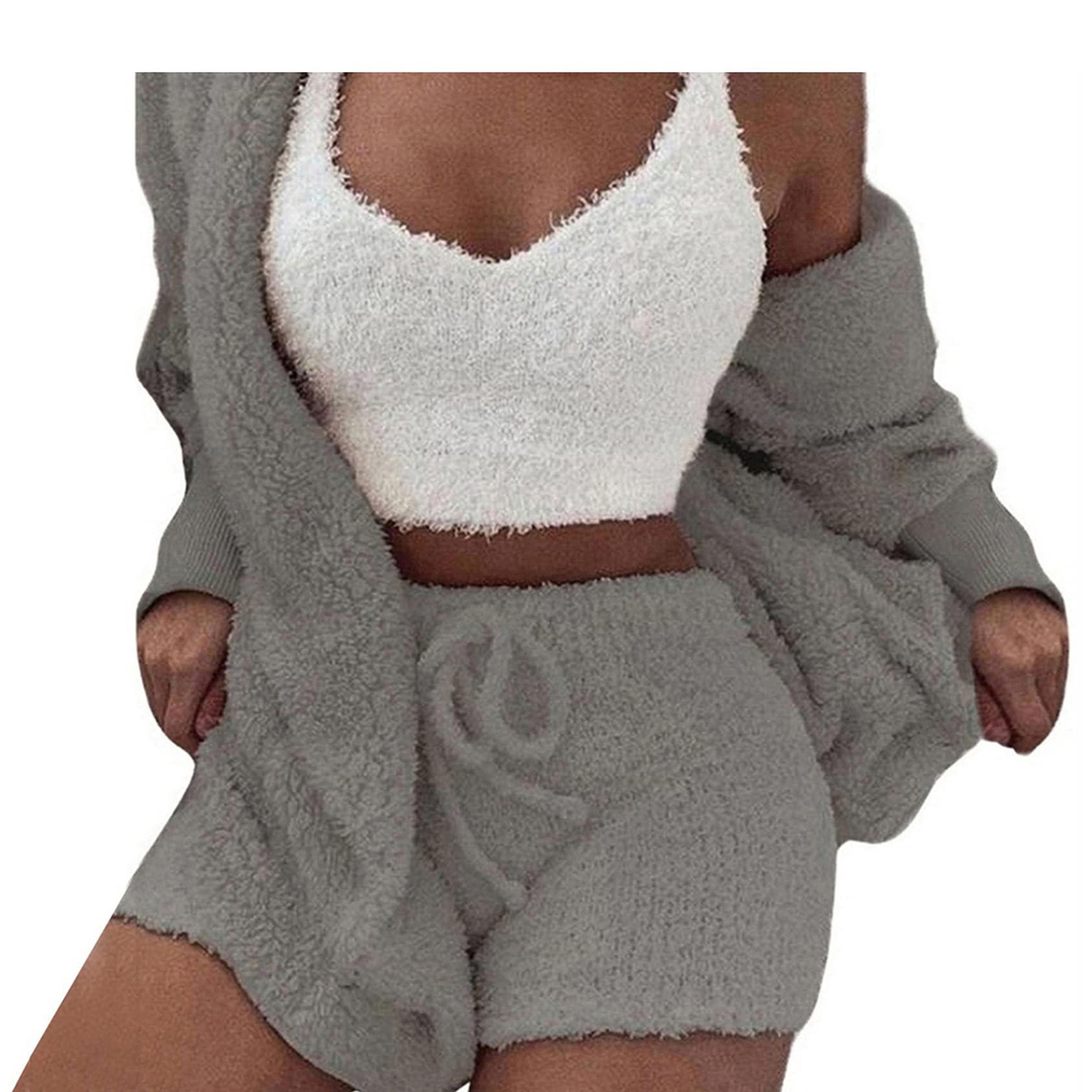 Womens Sexy Fuzzy 3 Piece Outfits Pajamas Loungewear